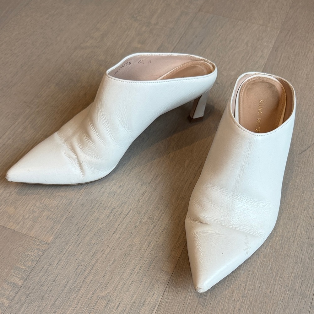 Stuart Weitzman White Pointed Leather Mule Heels
